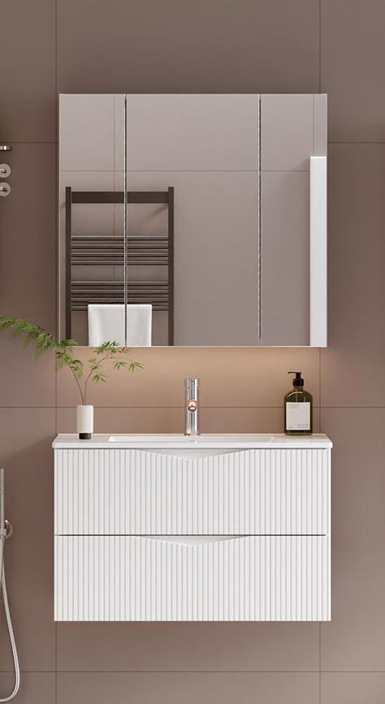 Badmöbel-Set 2-teilig mit 80 cm Waschtisch & Spiegelschrank in weiß mit gerillter Front - CALURI-140