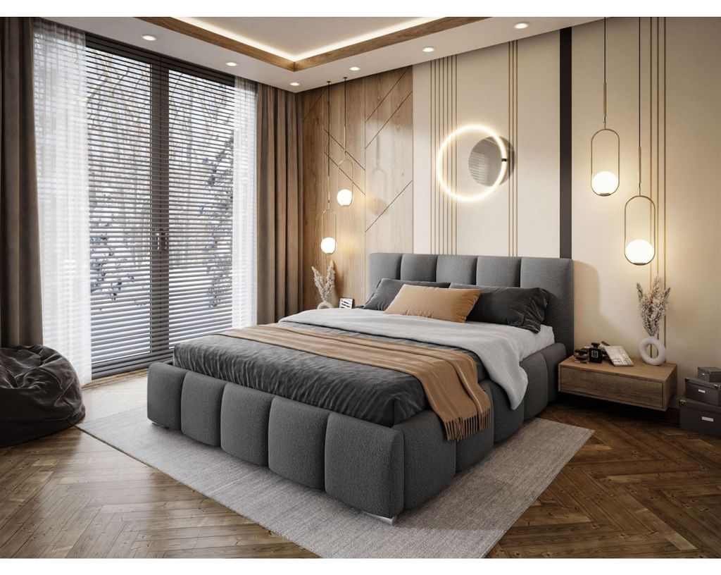 Bett mit Bettkasten fürs Schlafzimmer SORELLE Polsterbett 140 cm im Bouclé Bett mit gepolstertem Kopfteil, Größe: 140x200 cm, Farbe: Dunkelgrau...