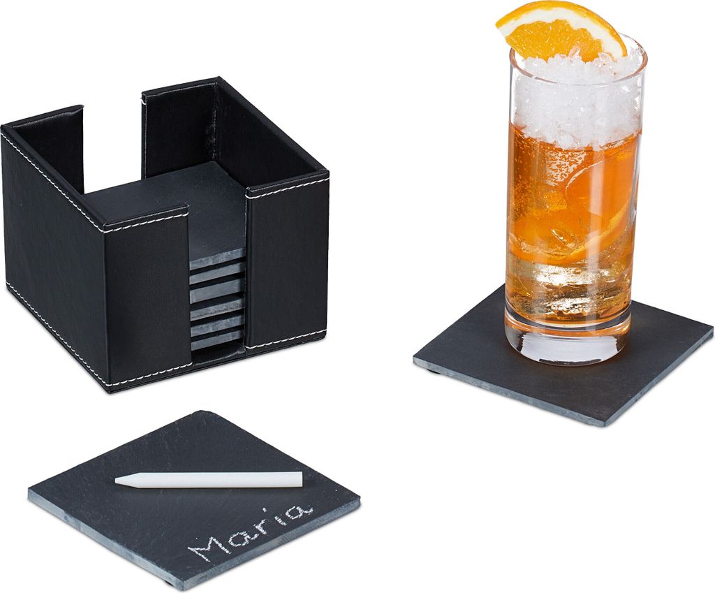 Relaxdays Schiefer Untersetzer 8er Set, Kunstleder-Box, Produktbild 