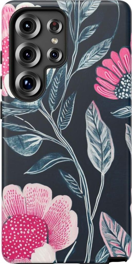 Leuchtend pinkes Blumenmuster auf Dunkelblau – Hülle Kompatibel mit Samsung Galaxy S25 Ultra