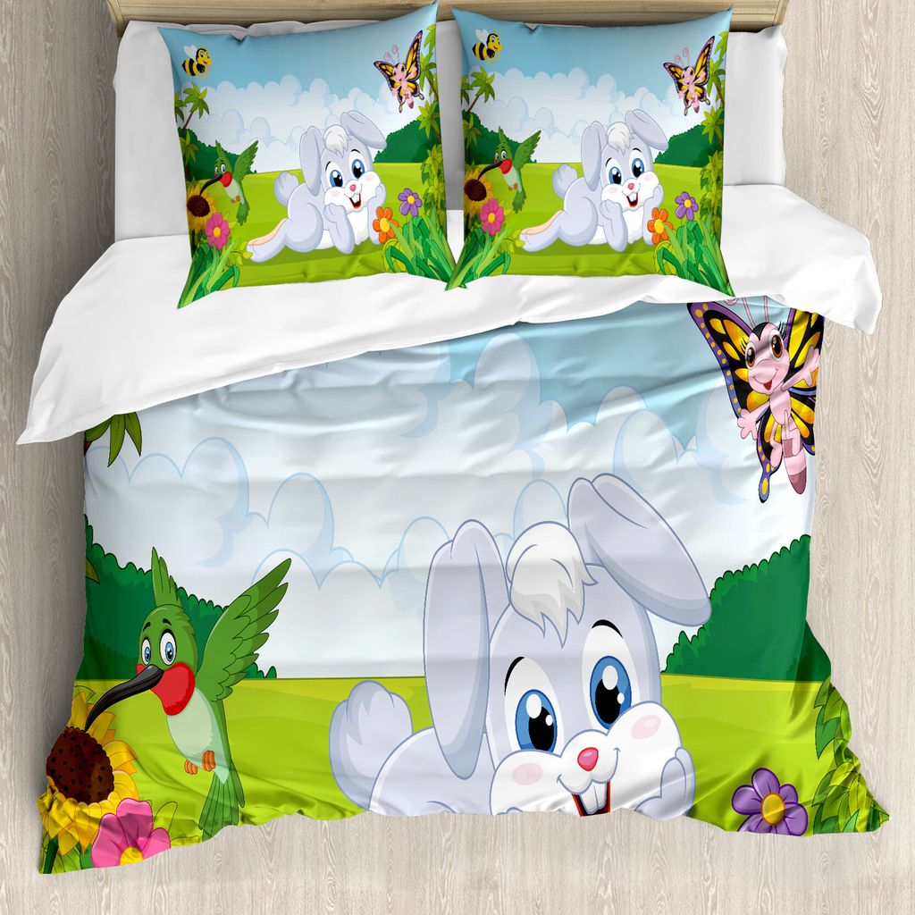 ABAKUHAUS Hase Bettbezug, Kaninchen Gras Bees, Milbensicher Allergiker geeignet mit Kissenbezügen, 155 cm x 220 cm - 80 x 80 cm, Mehrfarbig