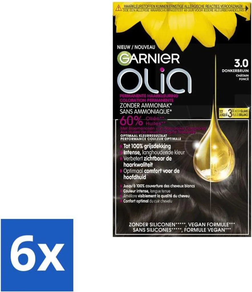 Garnier - Olia 3 - Tinta per capelli - Castano scuro - Senza ammoniaca - Colore intenso e duraturo - Copertura del grigio al 100% - Value pack - 6 pezzi