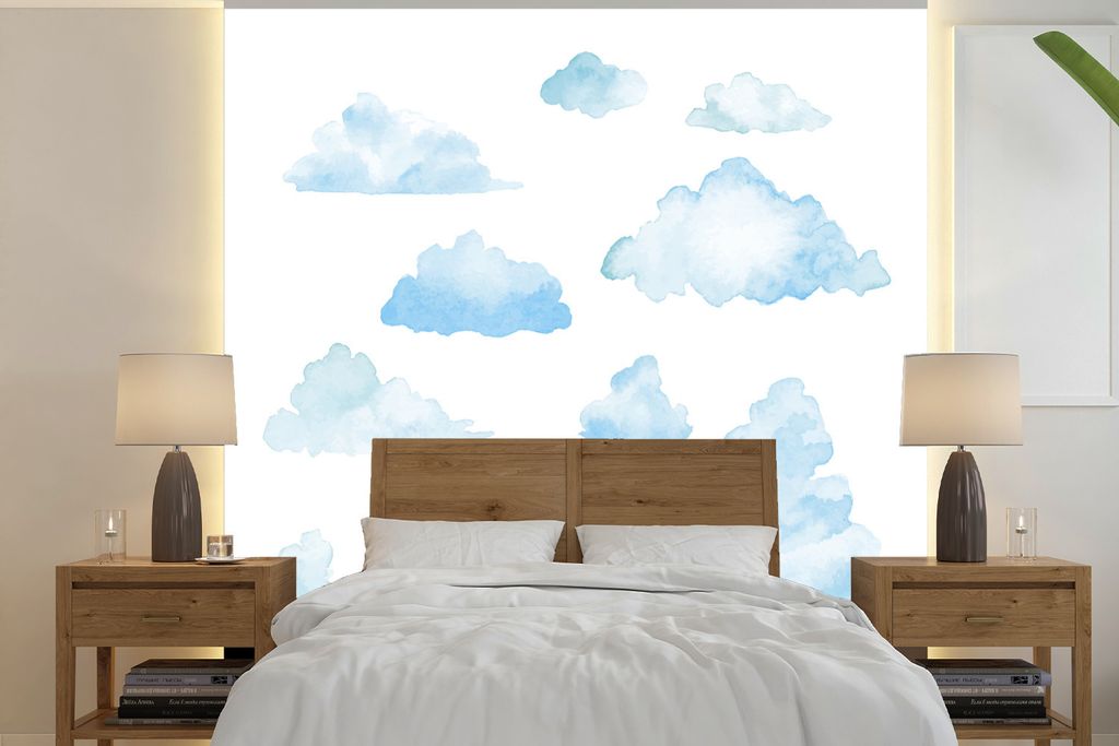 MuchoWow Fototapete für Wohnzimmer oder Schlafzimmer Wandtapete Vinyl Motivtapete Wolken mit Aquarellfarben illustriert - 240x240 cm - Schlafzim...