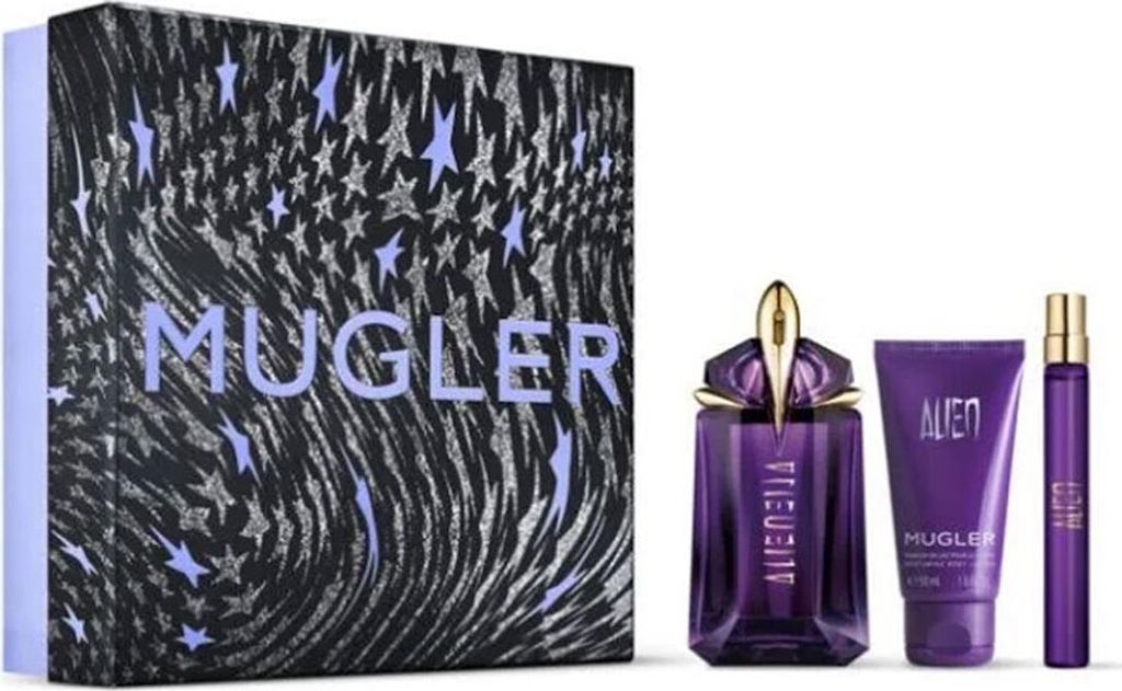 A perfume gift set with a box, a perfume bottle, and a lotion tube.