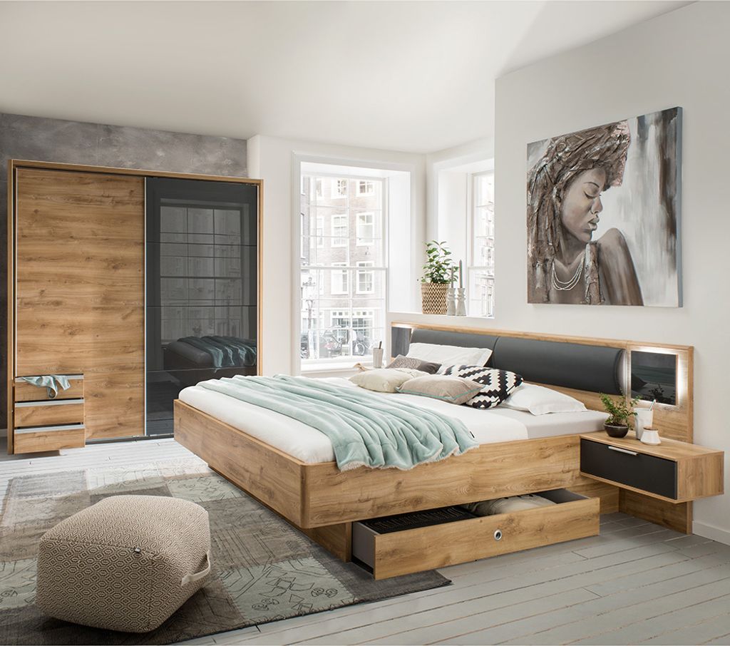 Schlafzimmer Set 4-teilig VIESTE-43 mit Bett 160x200 in graphit mit Eiche
