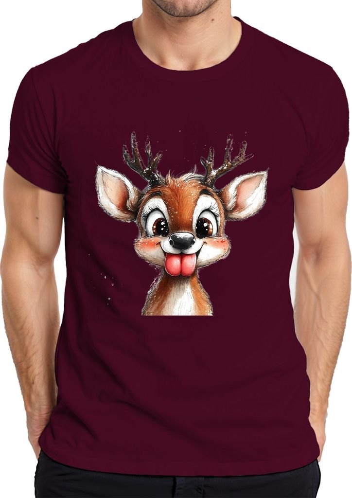 Rentier Frech Zunge raus Niedlich Weihnachten Kinder Retro Herren T-Shirt, Burgundy, XL