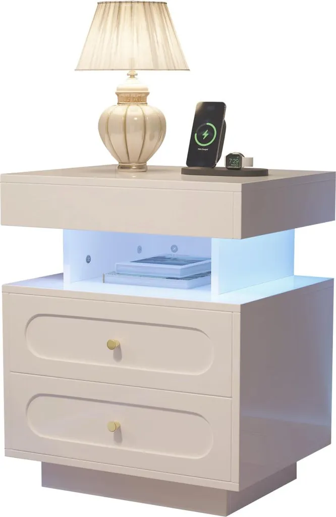 Commode de nuit blanche à LED avec compartiment ouvert et double tiroir - 10