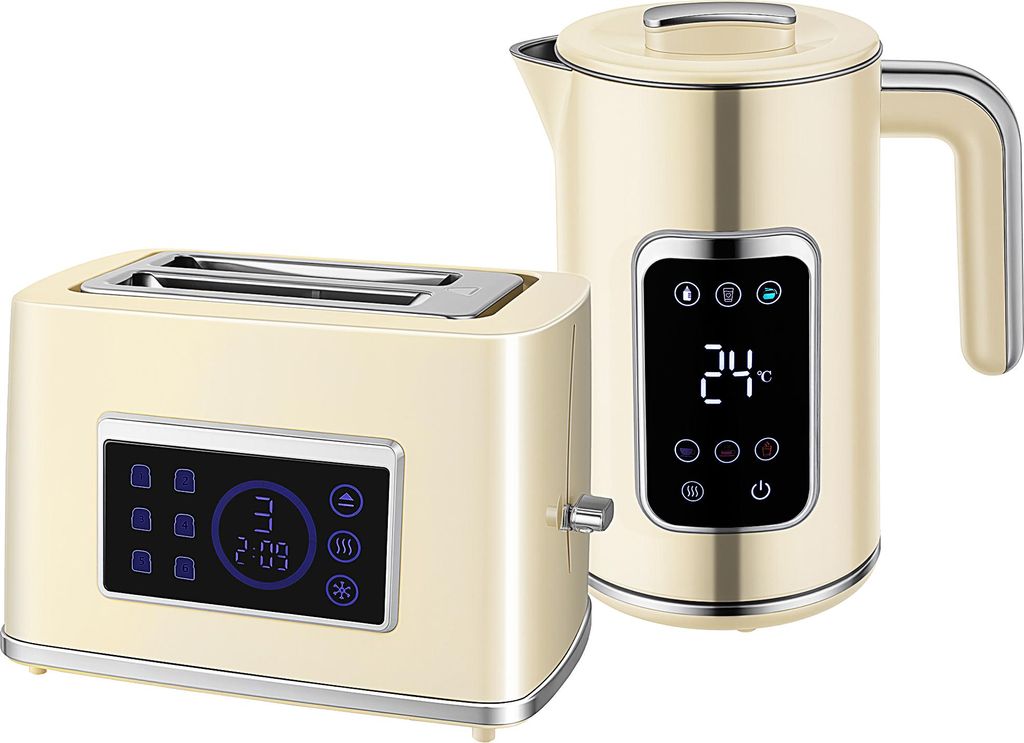 A cream-colored electric kettle and toaster set are displayed against a white background.