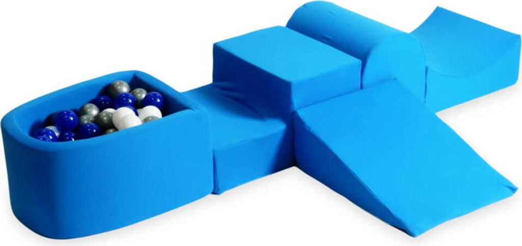 Schaumstoff-Spielset mit Hügel und Mikro-Bällepool – blau mit Bällebadbällen 100 Stück / blau, silber, weiß