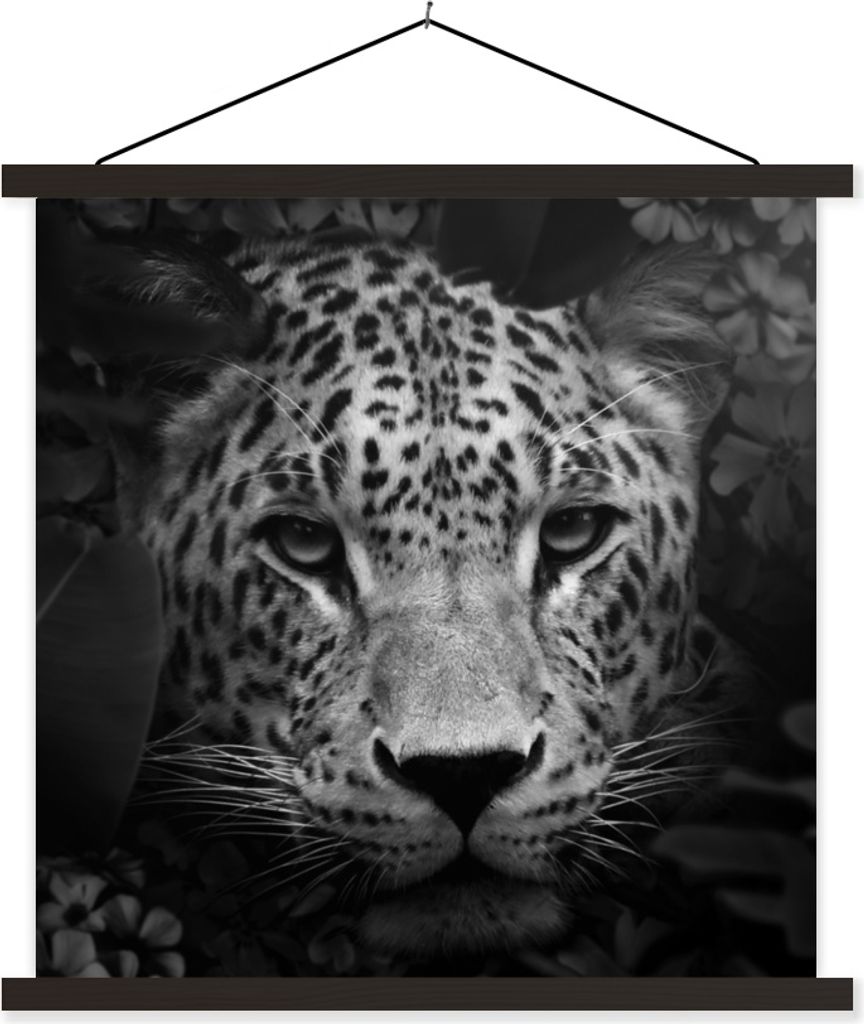 MuchoWow Textilposter Tiere - Panther - Dschungel - Schwarz - Weiß 120x120 cm mit schwarzem Rahmen - Aufhängungsset