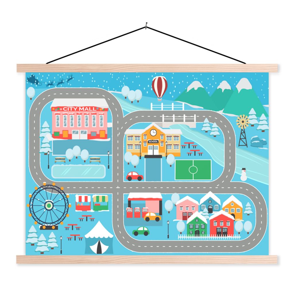 MuchoWow Textilposter Schnee - Schule - Dorf - Blau 60x45 cm mit holzfarbenen Rahmen - Bild