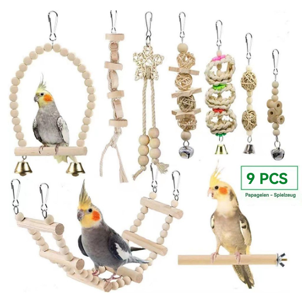 Vogelspielzeuge, 9 verschiedene Stile, Holzspielzeug, Vogelkäfig-Zubehör, Vogelschaukeln, geeignet für Papageien, Nymphensittiche, Turteltauben usw