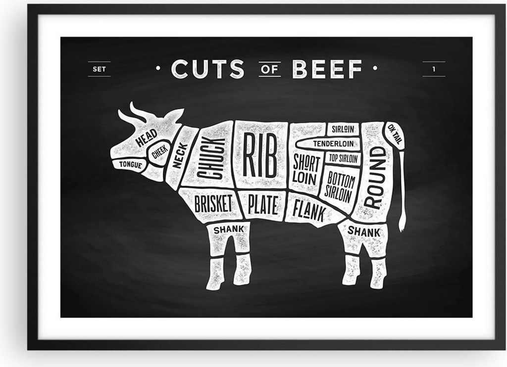 Gerahmtes Poster - Schwarzer Rahmen - Kuh Rindfleisch Kochen Grafik - 70x50 cm - Wand Bild - Wanddeko - Wandbilder - Wandposter - Bilderrahmen - Bi...