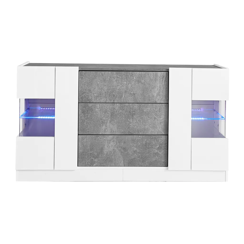 Buffet avec Éclairage LED 16 Couleurs, Meuble de Rangement Blanc 135cm