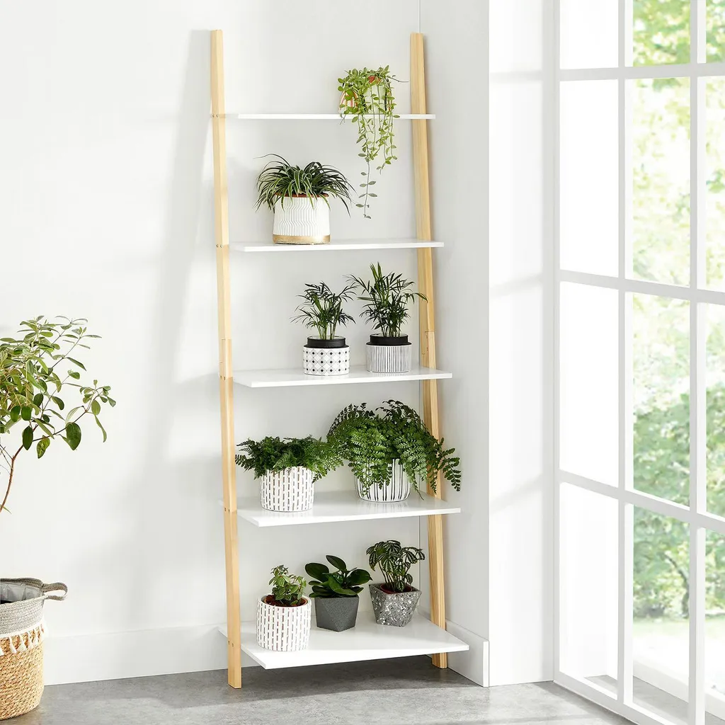 Bibliothèque échelle design 5 tablettes en bois blanc et bois clair - 3