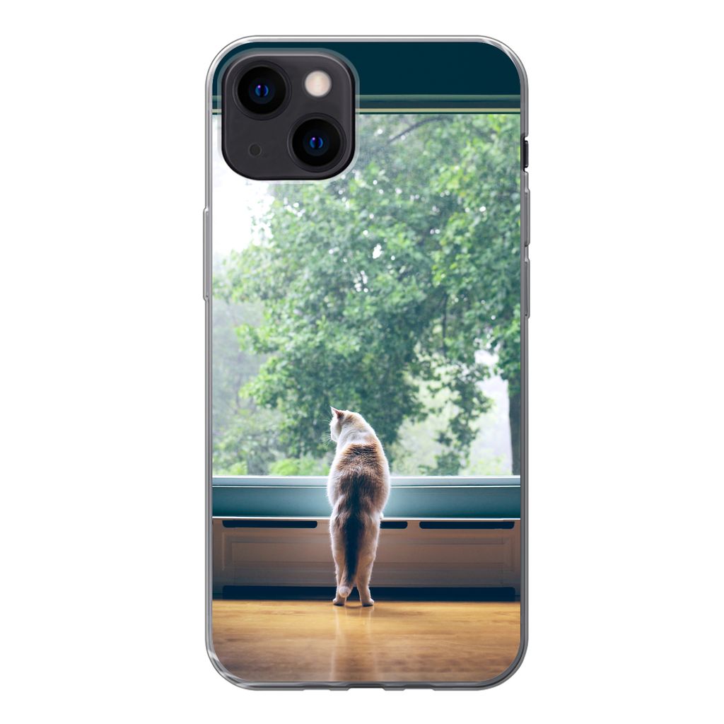 MuchoWow Handyhülle Schutzhülle Hülle für iPhone 13 Katze - Fenster - Pflanzen Silikon Softcase Handy Hülle - Karteninhaber