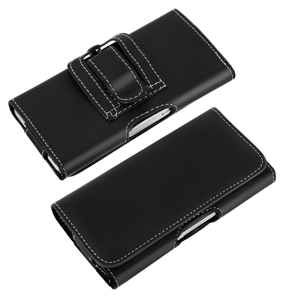 Two black smartphone belt pouches are shown against a white background.