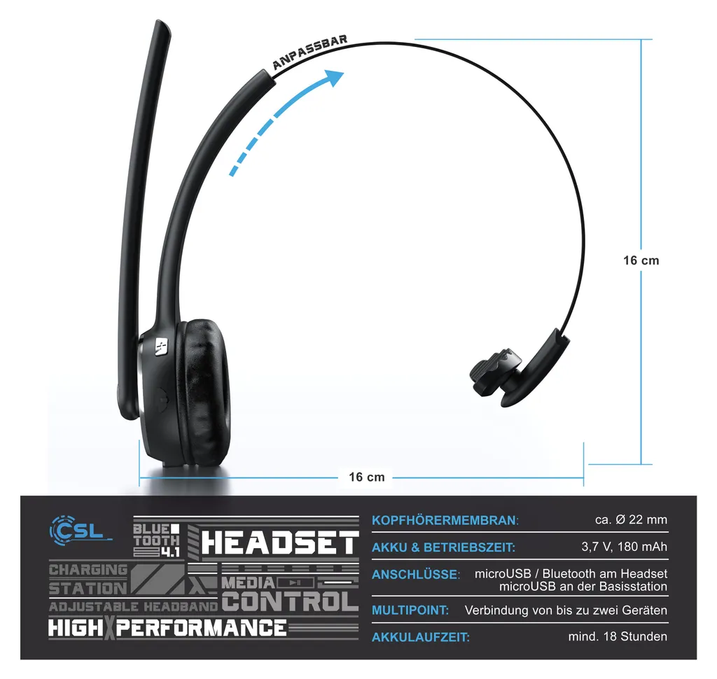 CSL Mono Bluetooth Headset avec station de charge et micro pour bureau