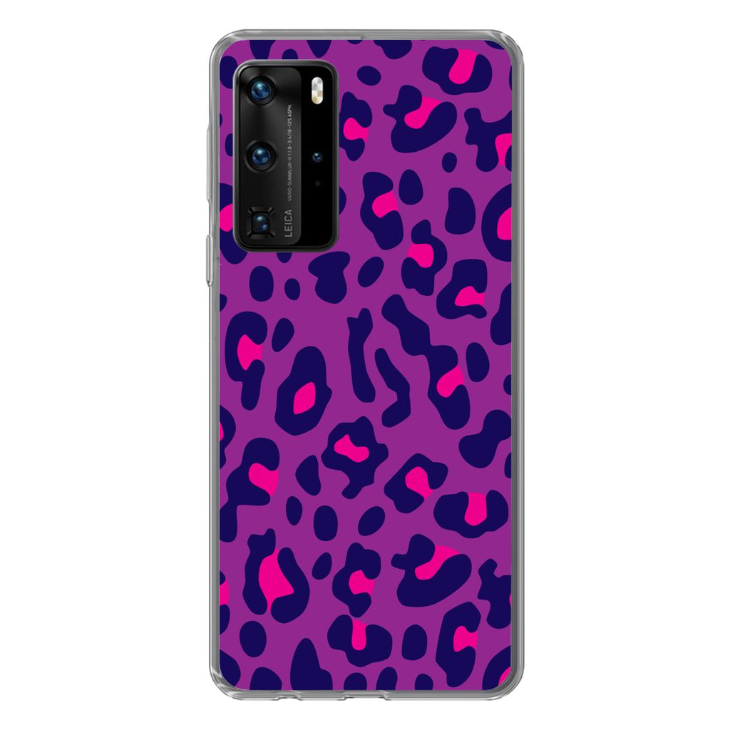 MuchoWow Handyhülle Schutzhülle Hülle für Huawei P40 Pro Pantherdruck - Lila - Rosa Silikon Softcase Handy Hülle - Schutz