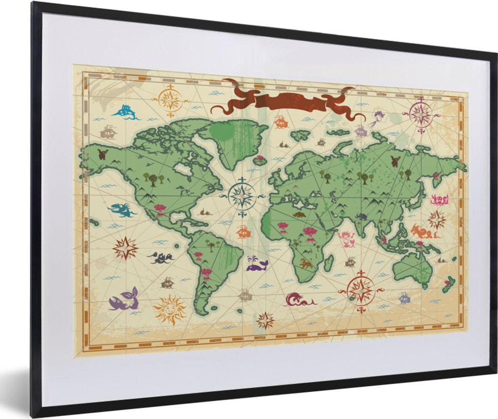 MuchoWow Gerahmtes Poster Weltkarte - Kinder - Piraten - Vintage - Jungen - Mädchen - Kinder 60x40 cm - Poster mit Schwarzem Bilderrahmen Wandpo...