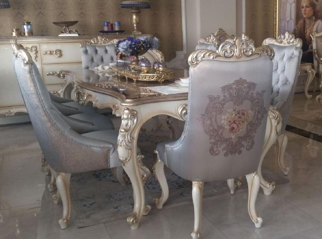 Casa Padrino Luxus Barock Esstisch Silber / Creme / Gold - Handgefertigter Massivholz Esszimmertisch - Möbel im Barockstil - Edel & Prunkvoll