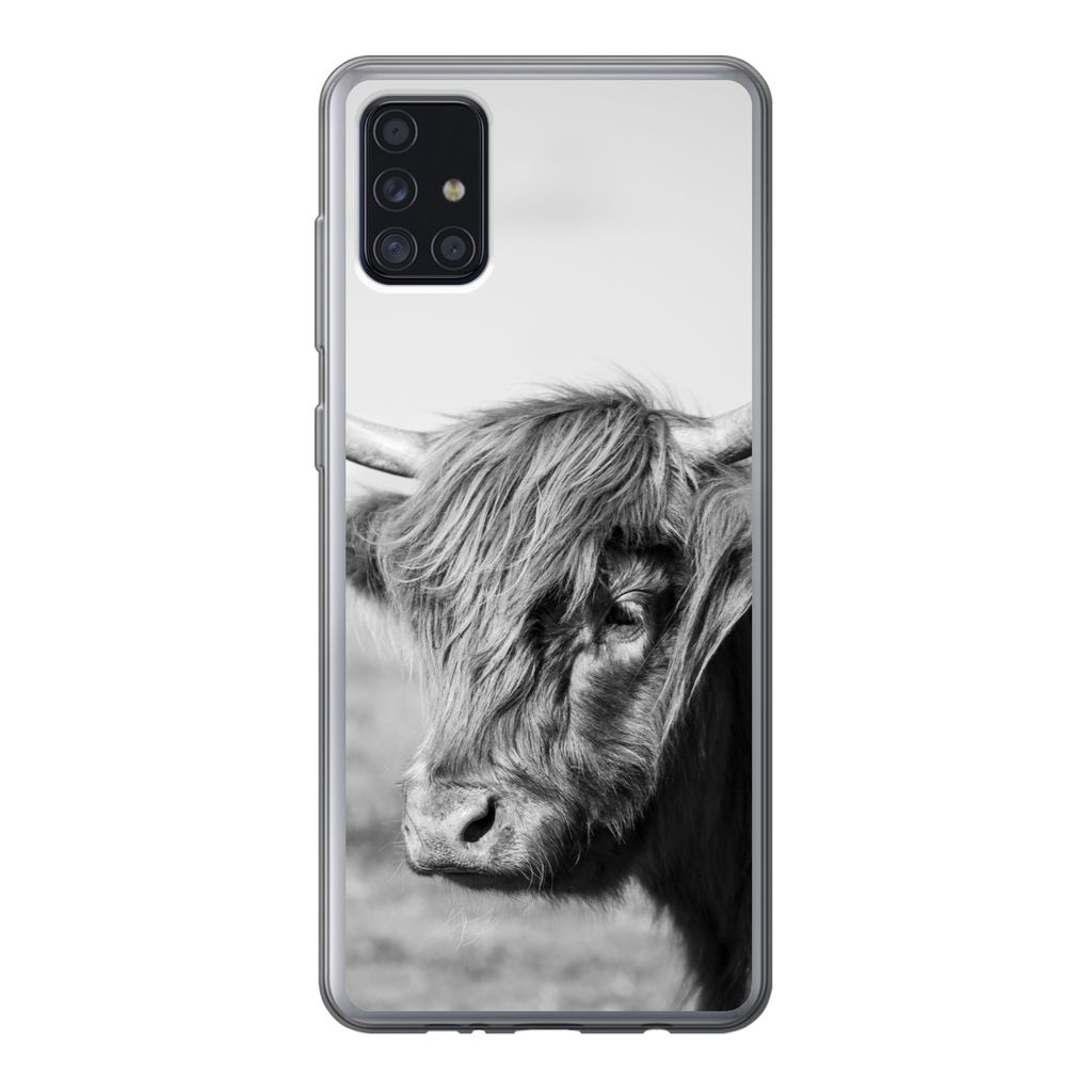 MuchoWow Handyhülle Schutzhülle Hülle für Samsung Galaxy A52 5G Schottischer Highlander - Tiere - Schwarz - Weiß Silikon Softcase Handy Hül...