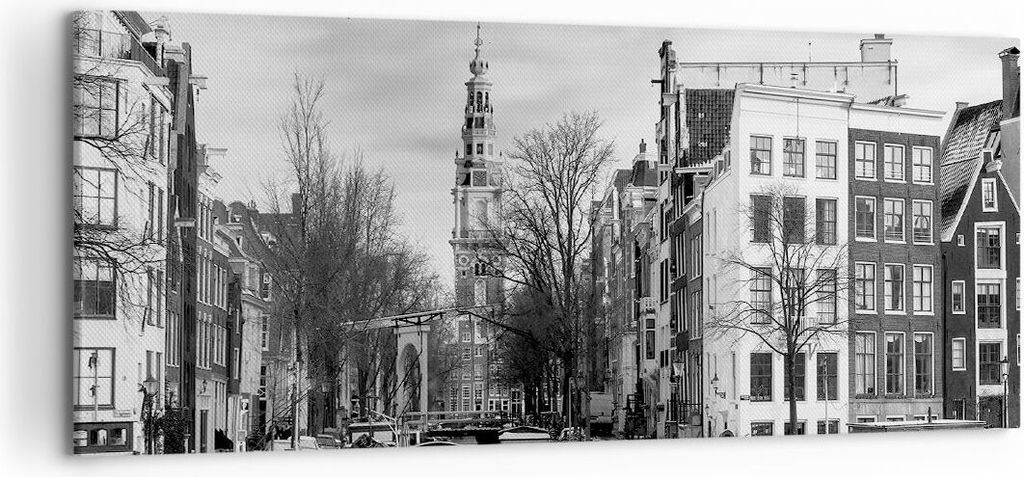 Bild auf Leinwand - Leinwandbild - Einteilig - Schwarzweiß Amsterdam Boote - 120x50cm - Wand Bild - Wanddeko - Wandbilder - Leinwanddruck - Bilder...