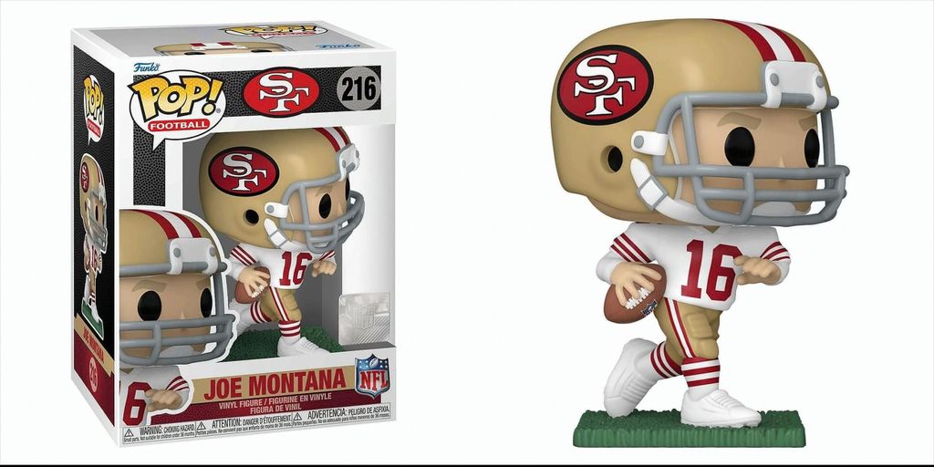 A Funko Pop! figure of Joe Montana in his San Francisco 49ers uniform, shown both in its packaging and displayed outside of it.