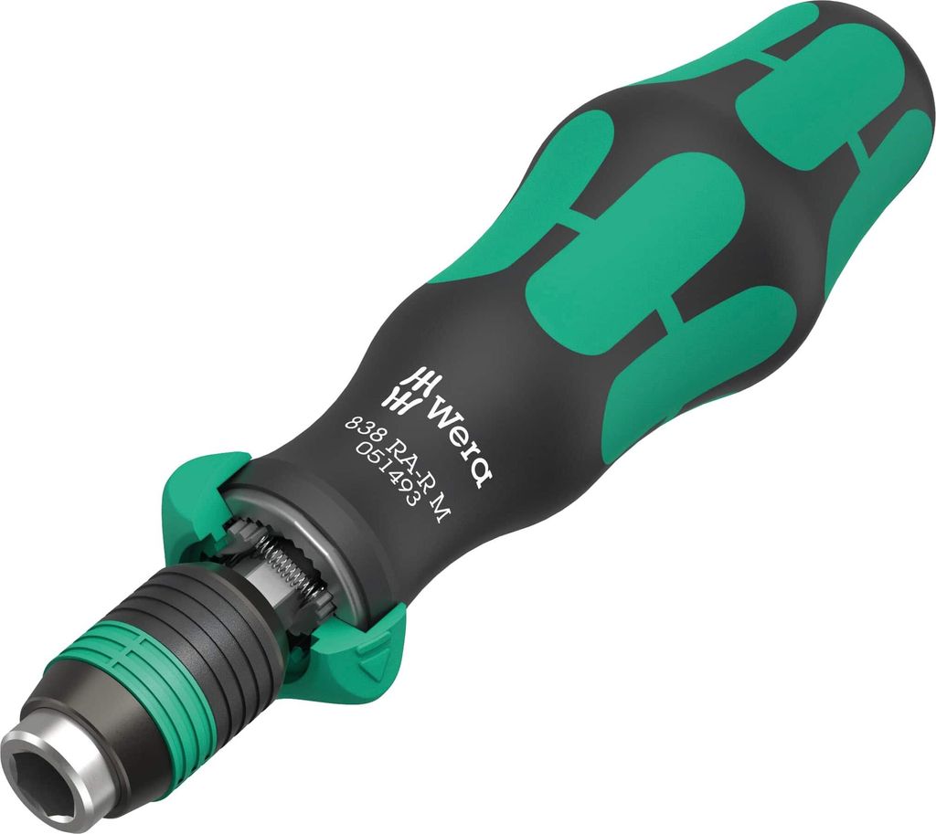 A close-up studio shot of a Wera 838 RA-R M bits-hand tool with a ratchet function.