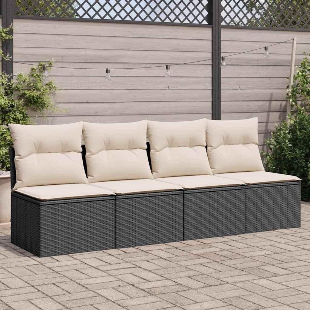 A four-seater outdoor sofa with beige cushions is placed on a paved patio, with a wooden fence and string lights in the background.
