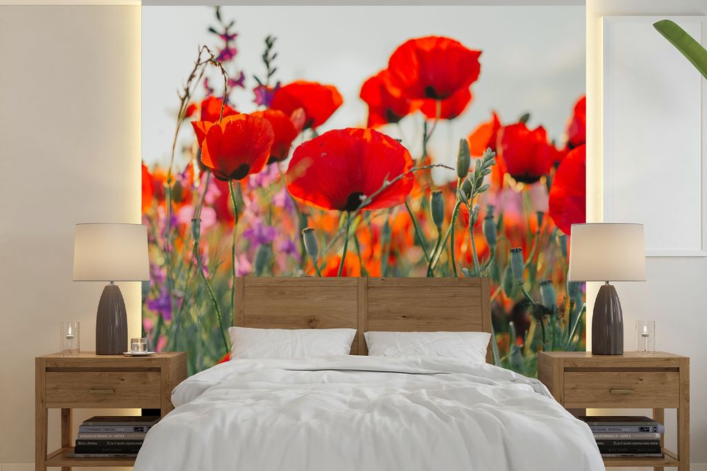 MuchoWow Fototapete für Wohnzimmer oder Schlafzimmer Wandtapete Vinyl Motivtapete Mohn - Blumen - Rot - Lila - Wiese - 350x350 cm - Schlafzimmer...