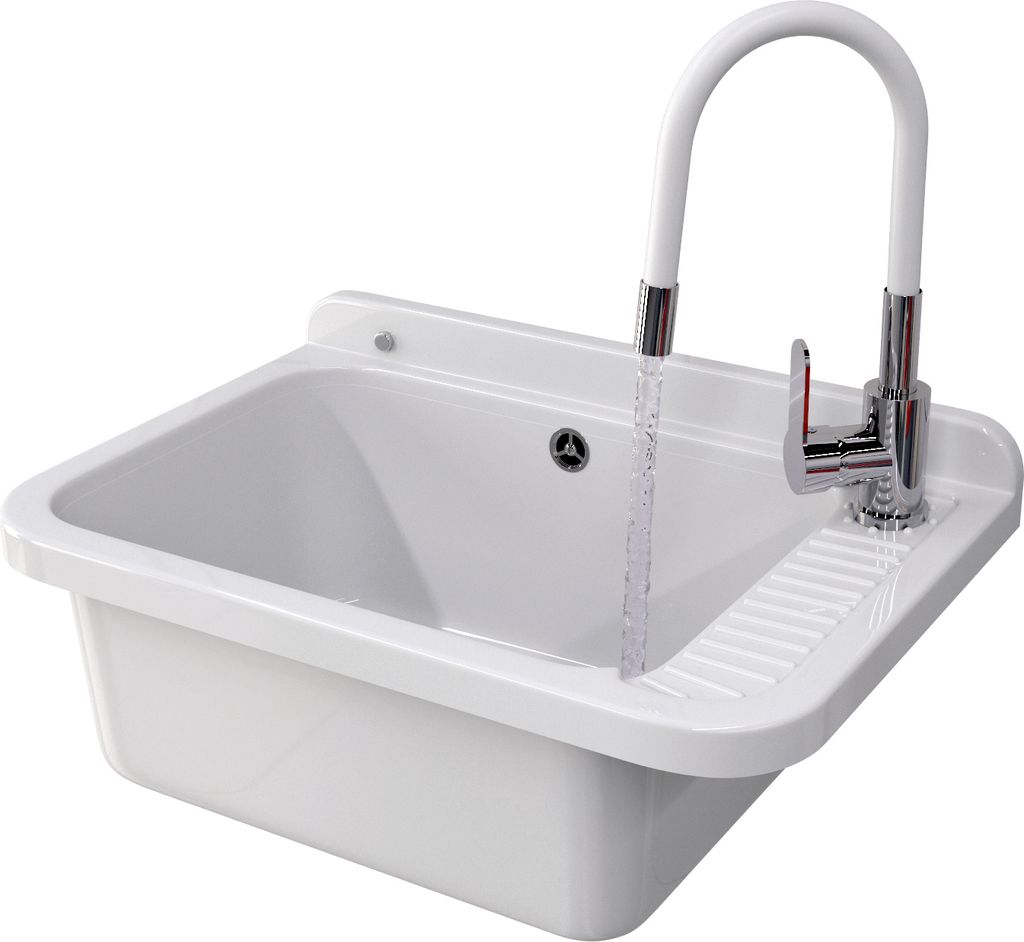 A white sink with a chrome faucet and a white flexible hose, with water running.
