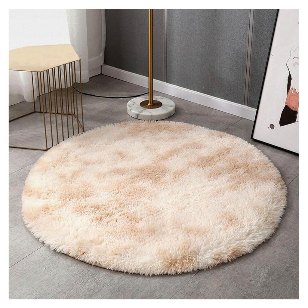 Runder Hochflor Teppich für das Wohnzimmer, rutschfest, weich, modern, Kunstfell, Tie-dye, Beige, 40x40cm
