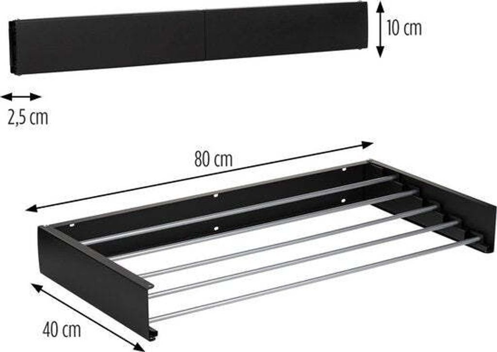 A diagram showing a black wall-mounted drying rack with dimensions indicated by measurement lines and text.
