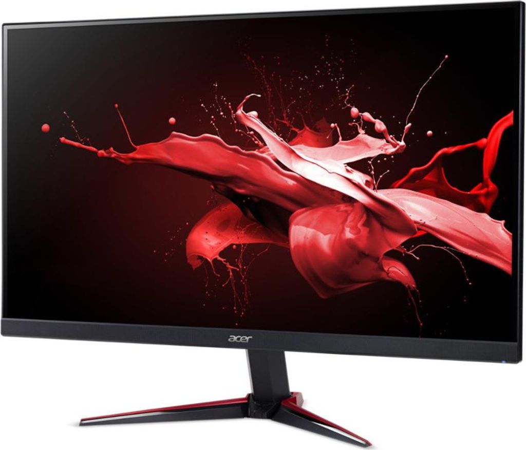 A black computer monitor with a red and black abstract splash screen displayed.