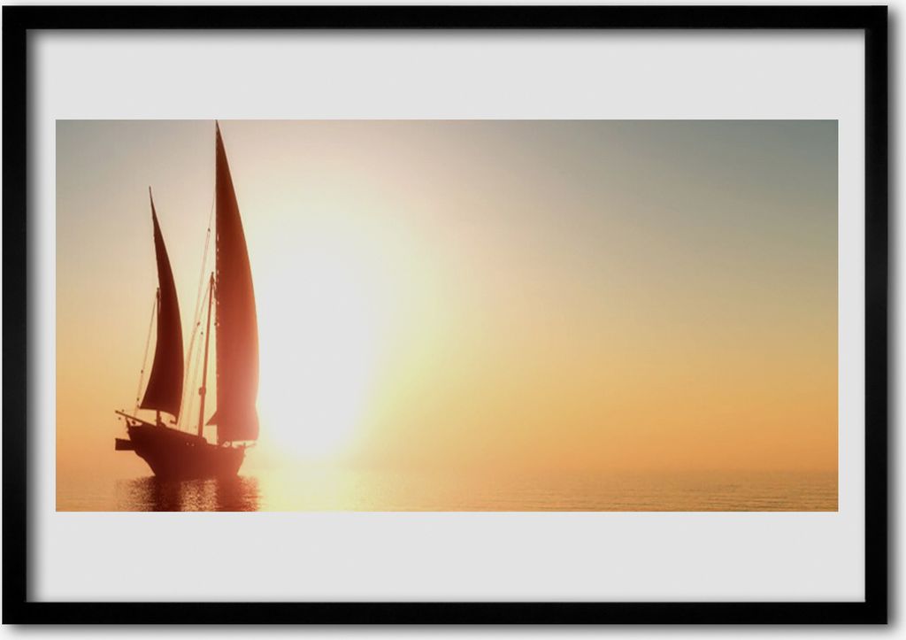 Bild 70x50 MDF-Rahmen Wandkunst Boot Meer, Sonne, Landschaft