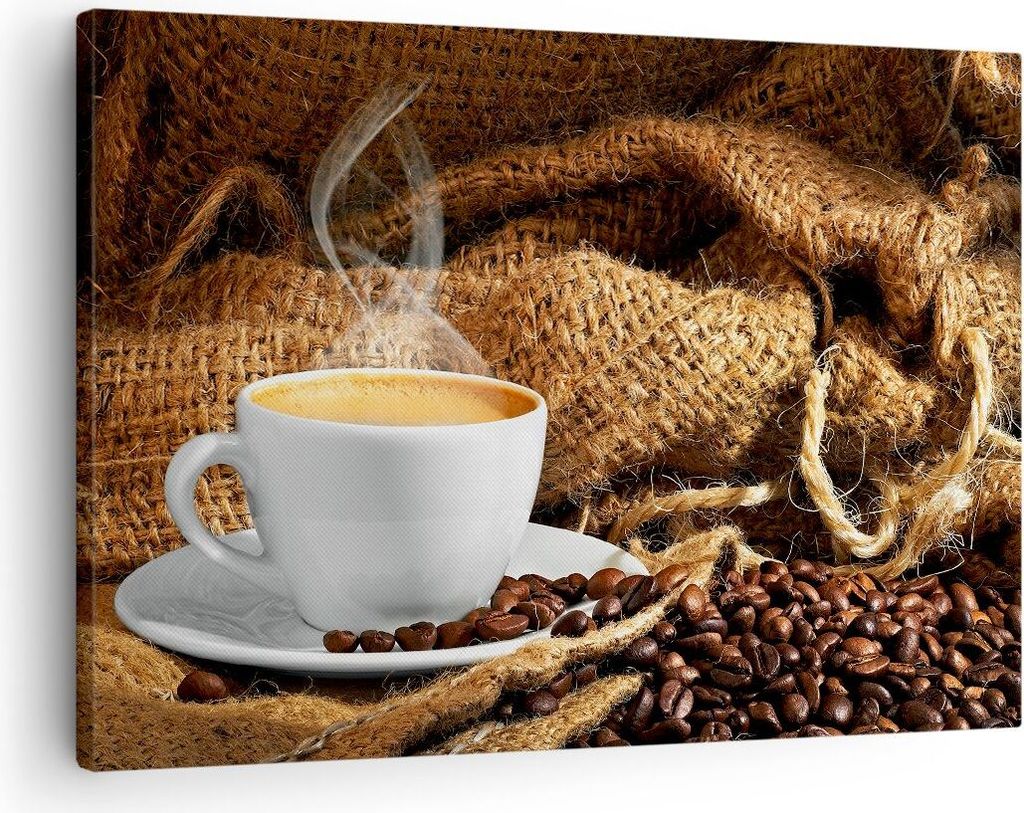 Bild auf Leinwand - Leinwandbild - Cappuccino Tasse Körner Beutel - 70x50cm - Wand Bild - Wanddeko - Leinwanddruck - Bilder - Kunstdruck - Wanddek...