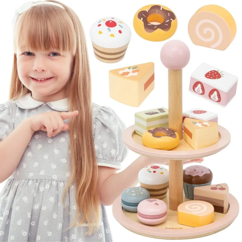 Présentoir à gâteaux en bois Viga avec 8 pâtisseries miniatures jouet