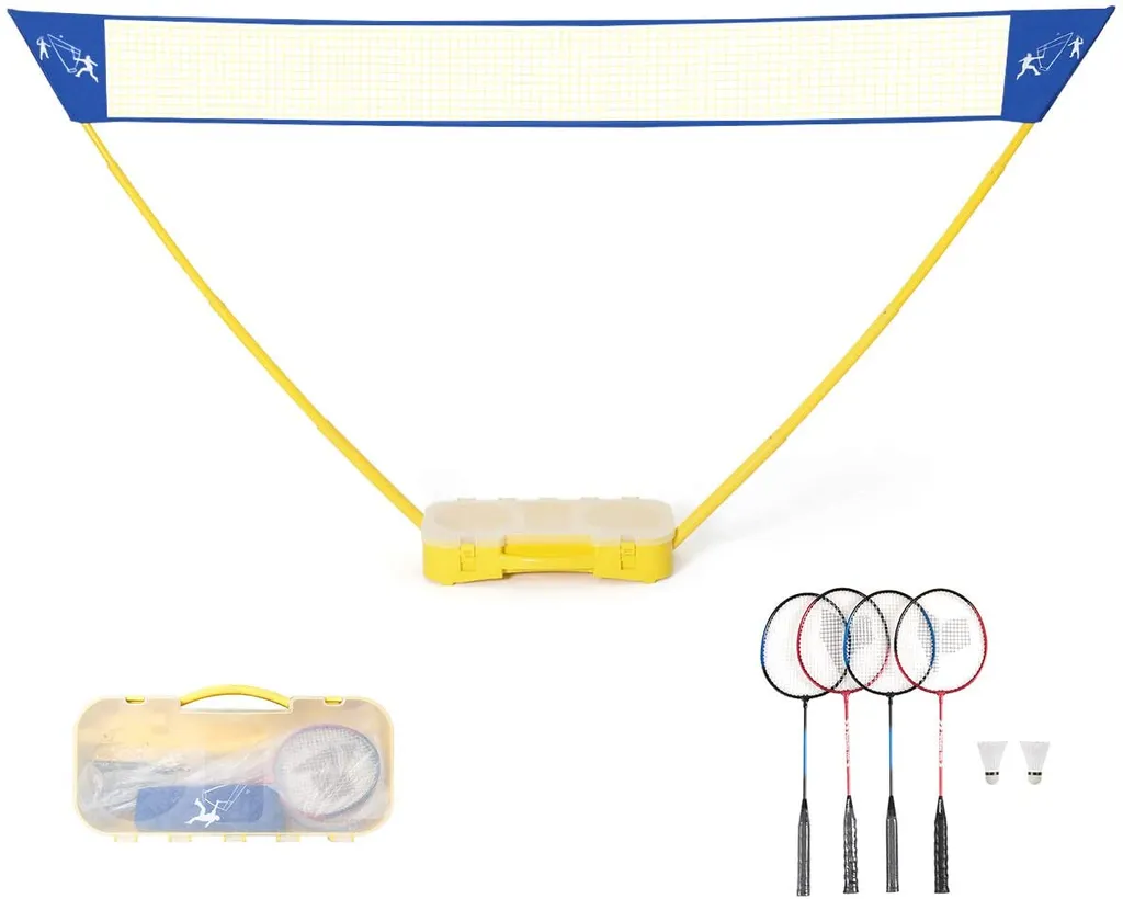 Set de badminton complet 3 x 1,5 m avec filet réglable et 4 raquettes
