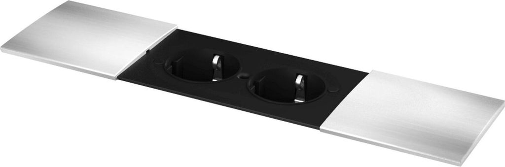 A recessed power strip with two outlets, featuring a brushed metal finish on the sliding covers.