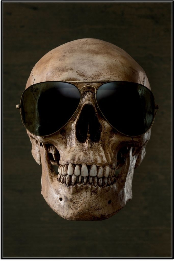 Wallario Wandbild Totenschädel mit cooler Sonnenbrille, Größe: 61 x 91,50 cm, Poster mit schwarzem Aluminiumrahmen