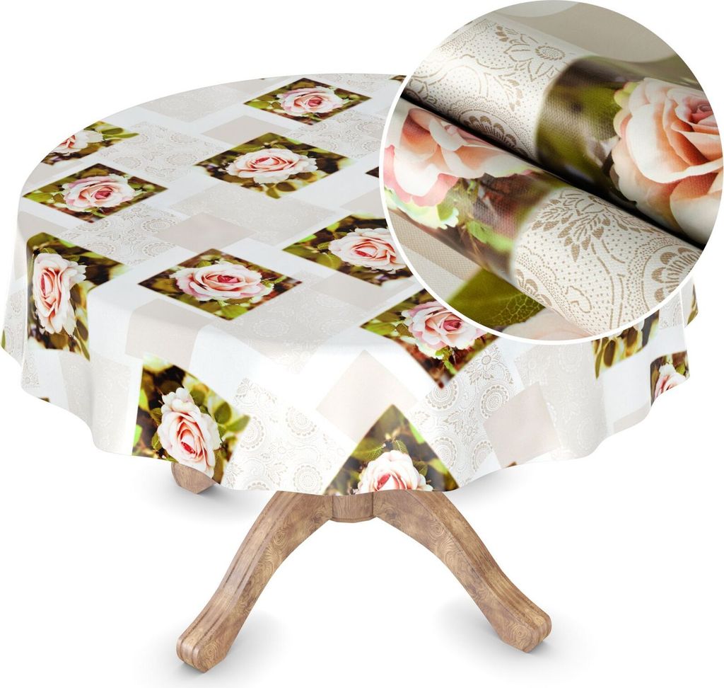 Tischdecke Wachstuch MIMOSA Blumen Beige Robust Wasserabweisend Rund 120 cm