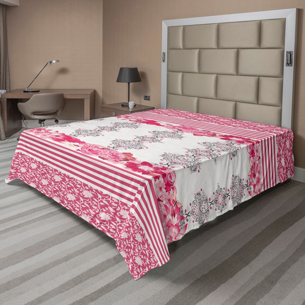 ABAKUHAUS rosa Blumen Bettlaken, Vintage Frühlings-Blüte Streifen und orientalischer Damast, weiches bequemes oberes Bettlaken für ein dekorativ...