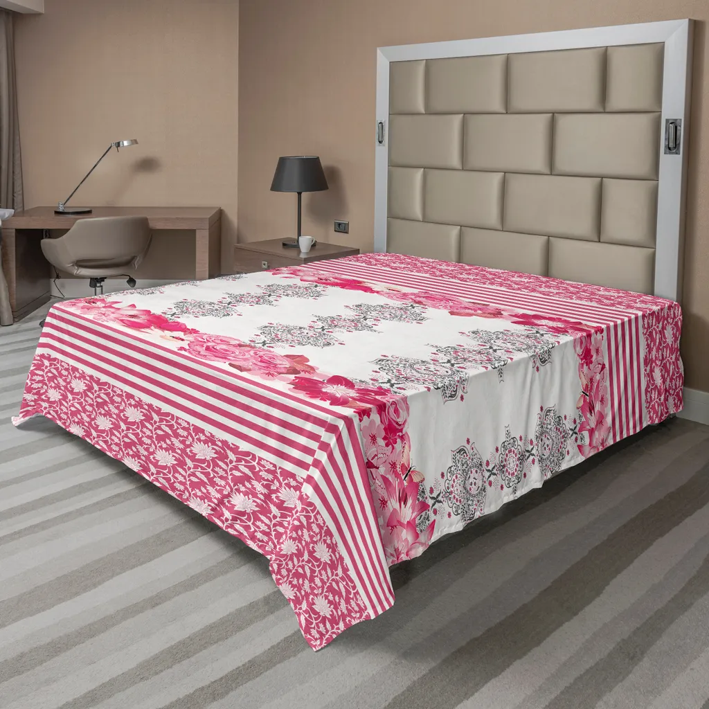 Drap supérieur décoratif 260x228 cm, motif fleurs et rayures roses