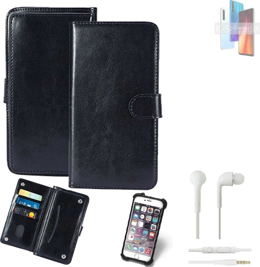 K-S-Trade 360° Hülle kompatibel mit Xiaomi Redmi Note 8 2021 inkl. Headphones schwarz Kunstleder Case BookCase WalletCase Kunstlederederhülle