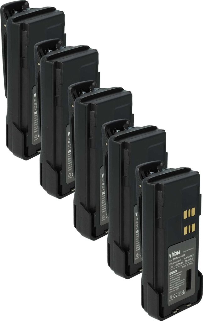 vhbw 5x Akku kompatibel mit Motorola DP4800, DP4800e, DP4601e, DP4801e, DP4801 Funkgerät, Walkie Talkie (3000 mAh, 7,2 V, Li-Ion) + Gürtelclip