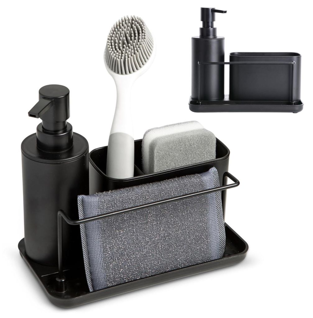 Küchenorganizer- und Seifenspender-Set - Seifenspender mit Schwammhalter und Spülbürstenhalter, ideal für den Bereich neben der Spüle - Schwar...