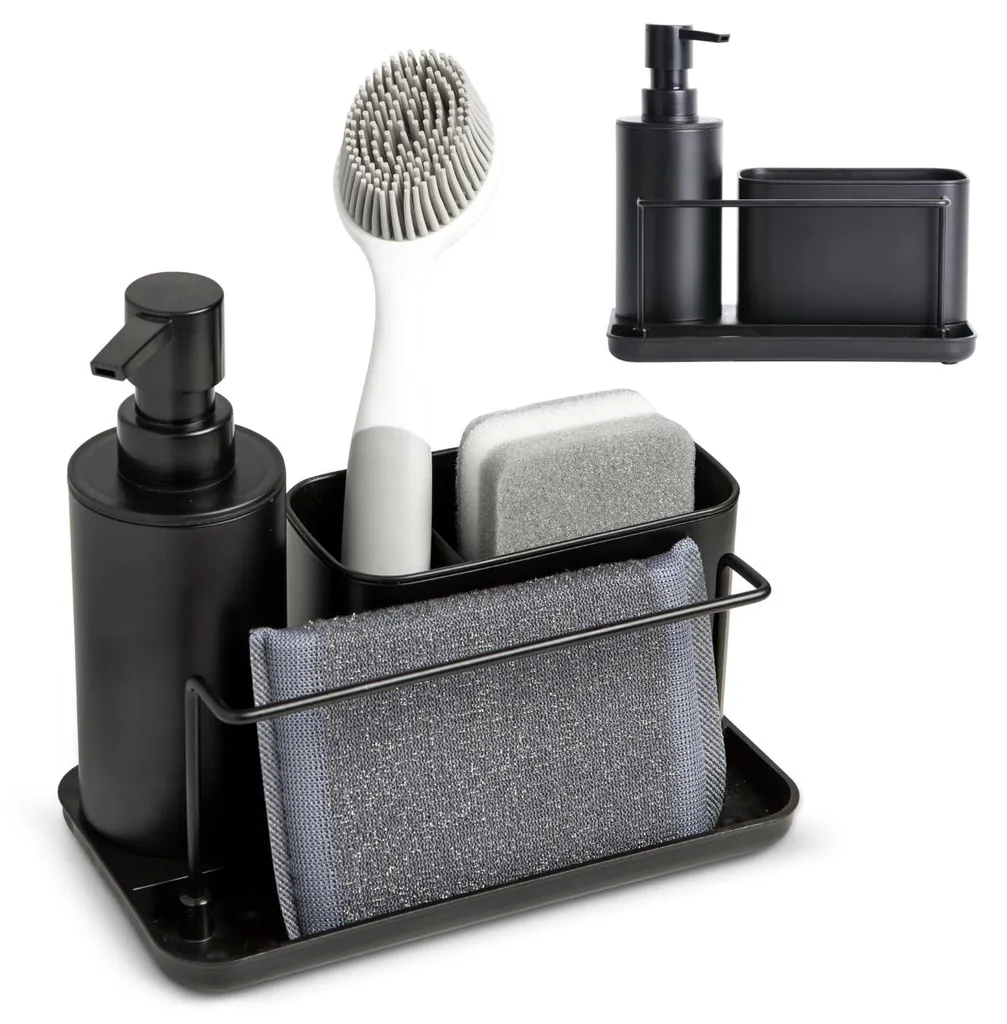 Station évier compacte 21cm noire distributeur savon et porte-accessoires