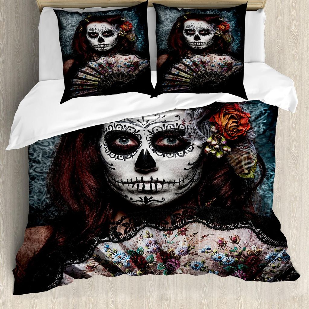 ABAKUHAUS Tag der Toten Bettbezug Set, Künstler Mädchen mit Toten Schädel Scary Maske Rosen Artwork Print, 155 x 220 cm + 80 x 80 cm, Kadett Bla...