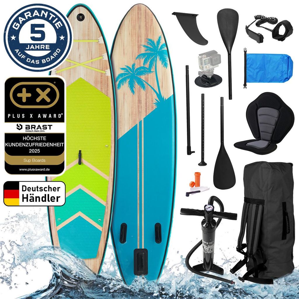 BRAST SUP Board Tropic | Aufblasbares Stand up Paddle Set | 320x81x15cm | 5 Designs | inkl. Sonderzubehör | 2in1 Paddel Kajak-Sitz Action-Cam-Halt...